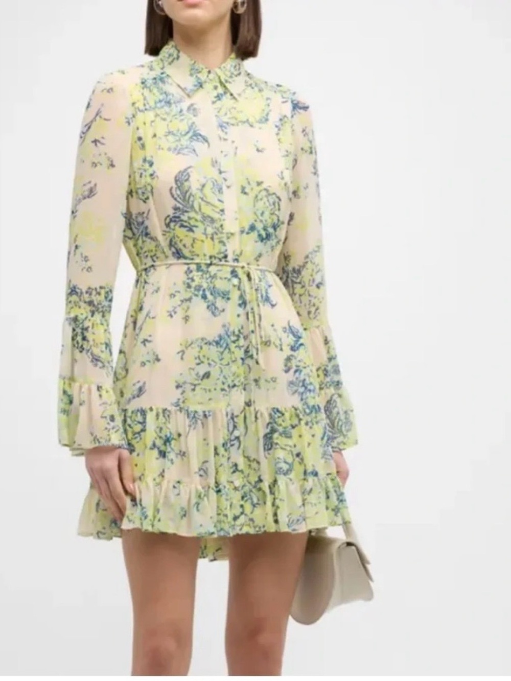 Cinq a Sept Lyra Light Yellow and Green Floral Flounce Long-Sleeve Mini Dress